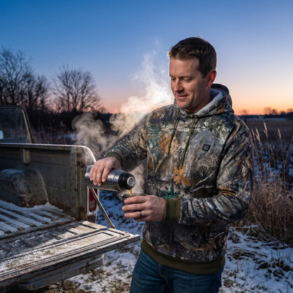 Hunter staying warm at his truck on a cold morning