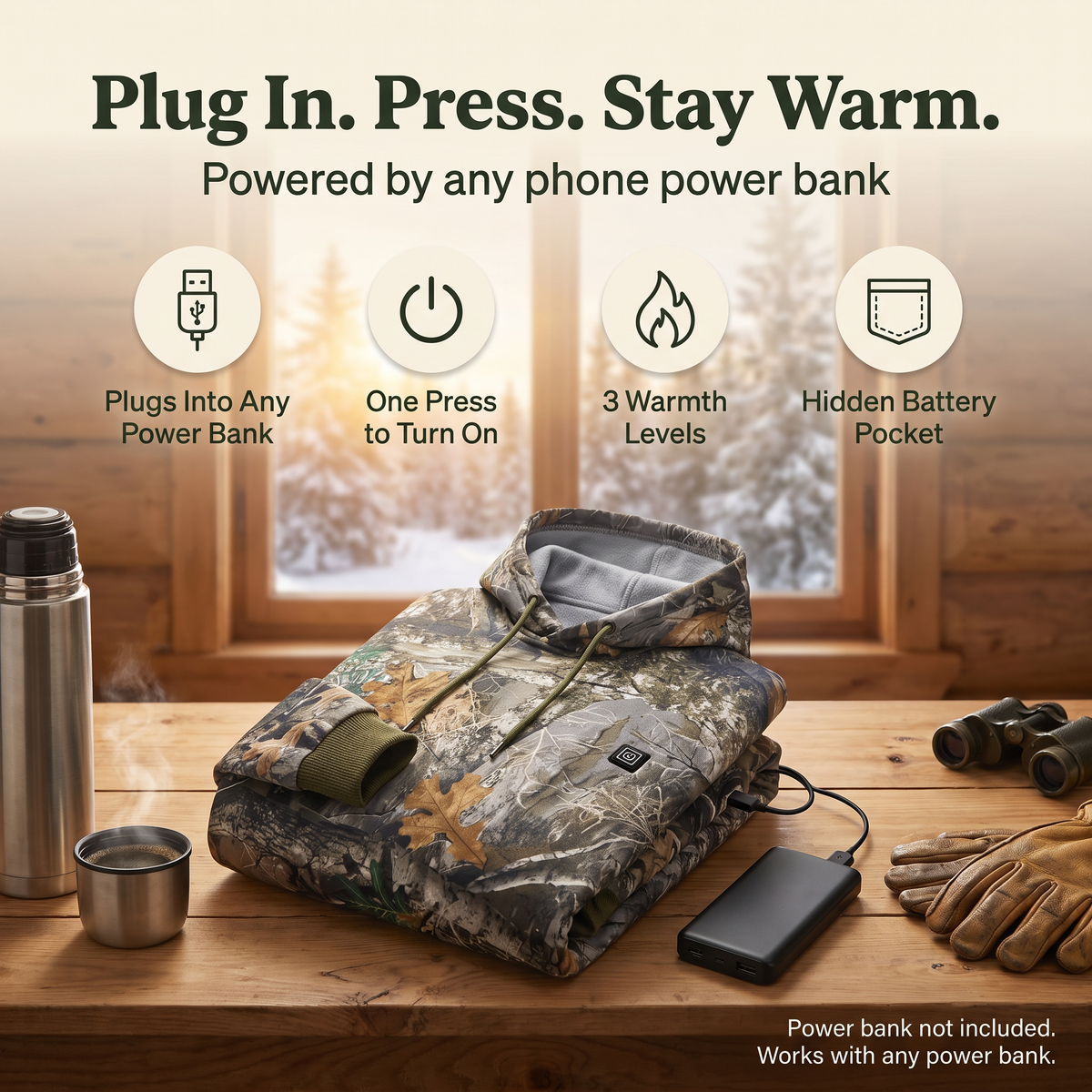 Plug in, press, stay warm. Works with any phone power bank. Power bank not included.