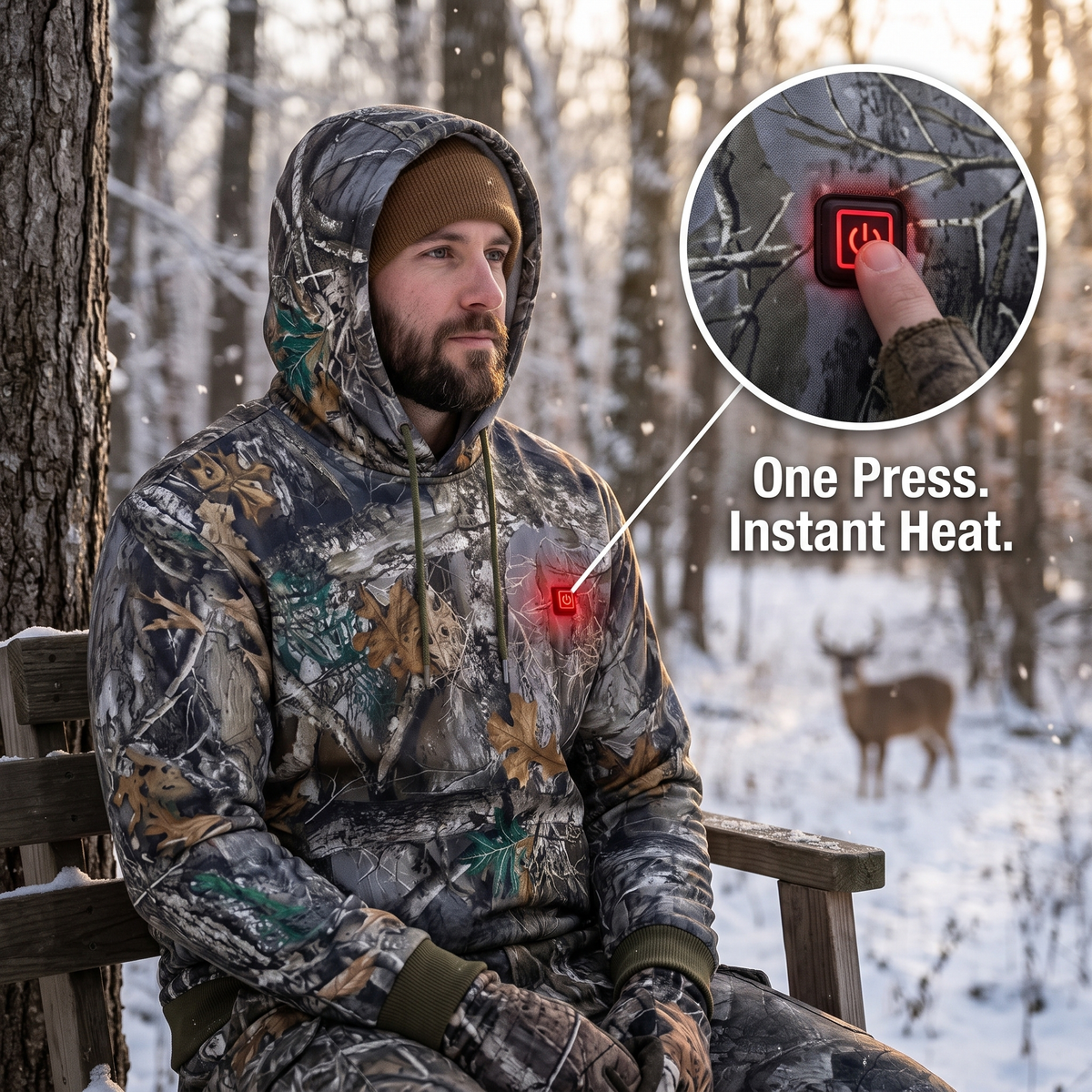 Hunter in a tree stand wearing the StandHeat heated camo hoodie. One press, instant heat.